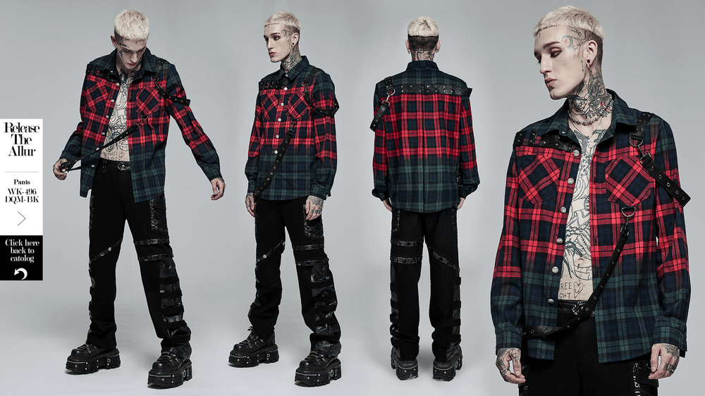 Men's Punk Plaid Shirt with Leather Accents - HARD'N'HEAVY