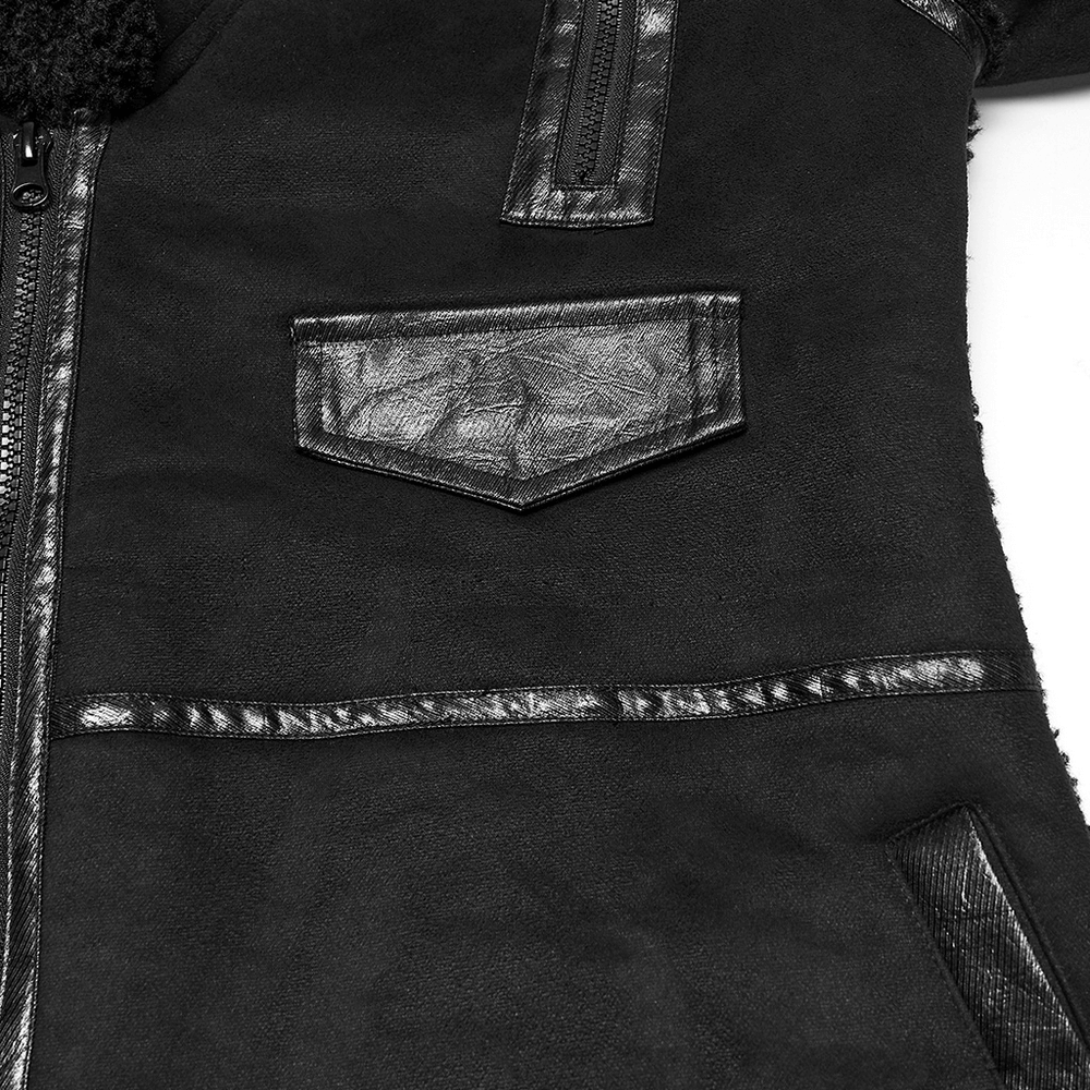 Close-up of a Men's Punk Plush Coat with Leather-Like Panels and Zippers showcasing pockets and zippers.