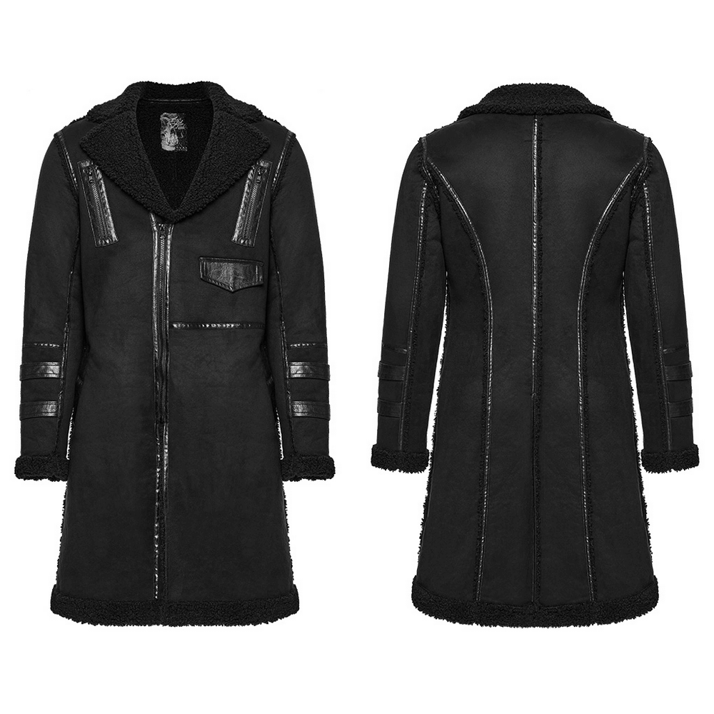 Men's Punk Plush Coat with Leather-Like Panels and Zippers front and back view showcasing stylish design and zippers