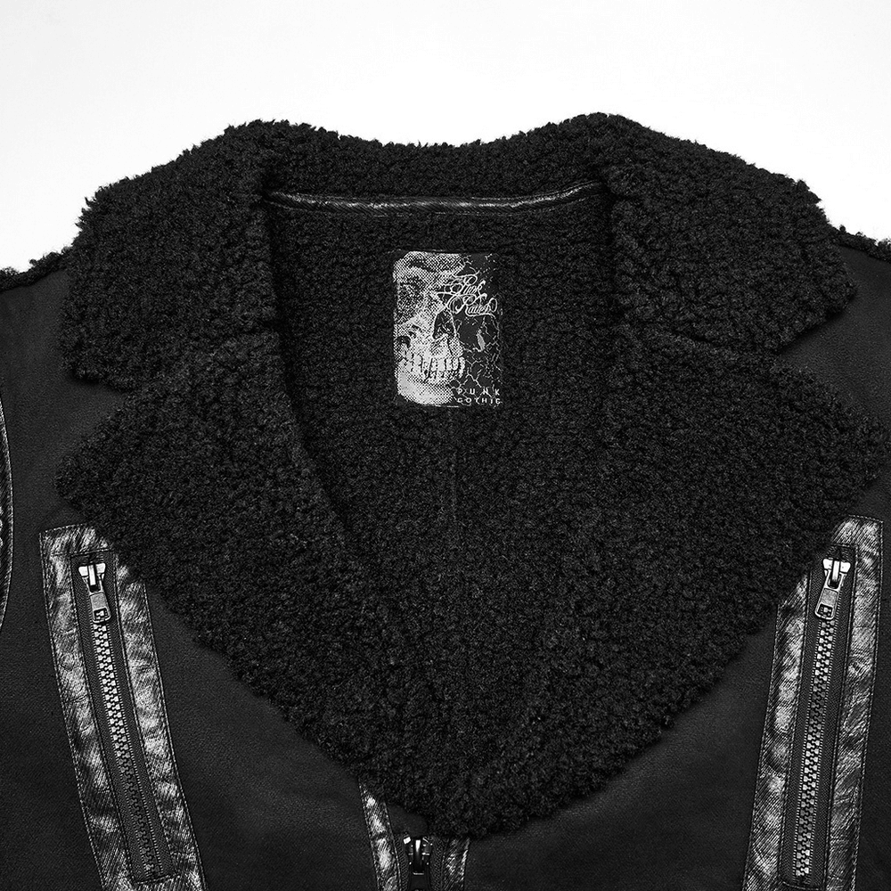 Close-up of the collar on a Men's Punk Plush Coat with Leather-Like Panels and Zippers.