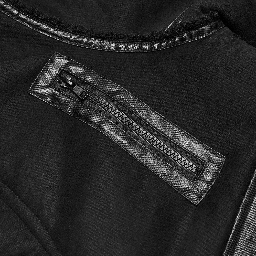 Detail view of Men's Punk Plush Coat with Leather-Like Panels and Zippers, showcasing black leather-like zipper.