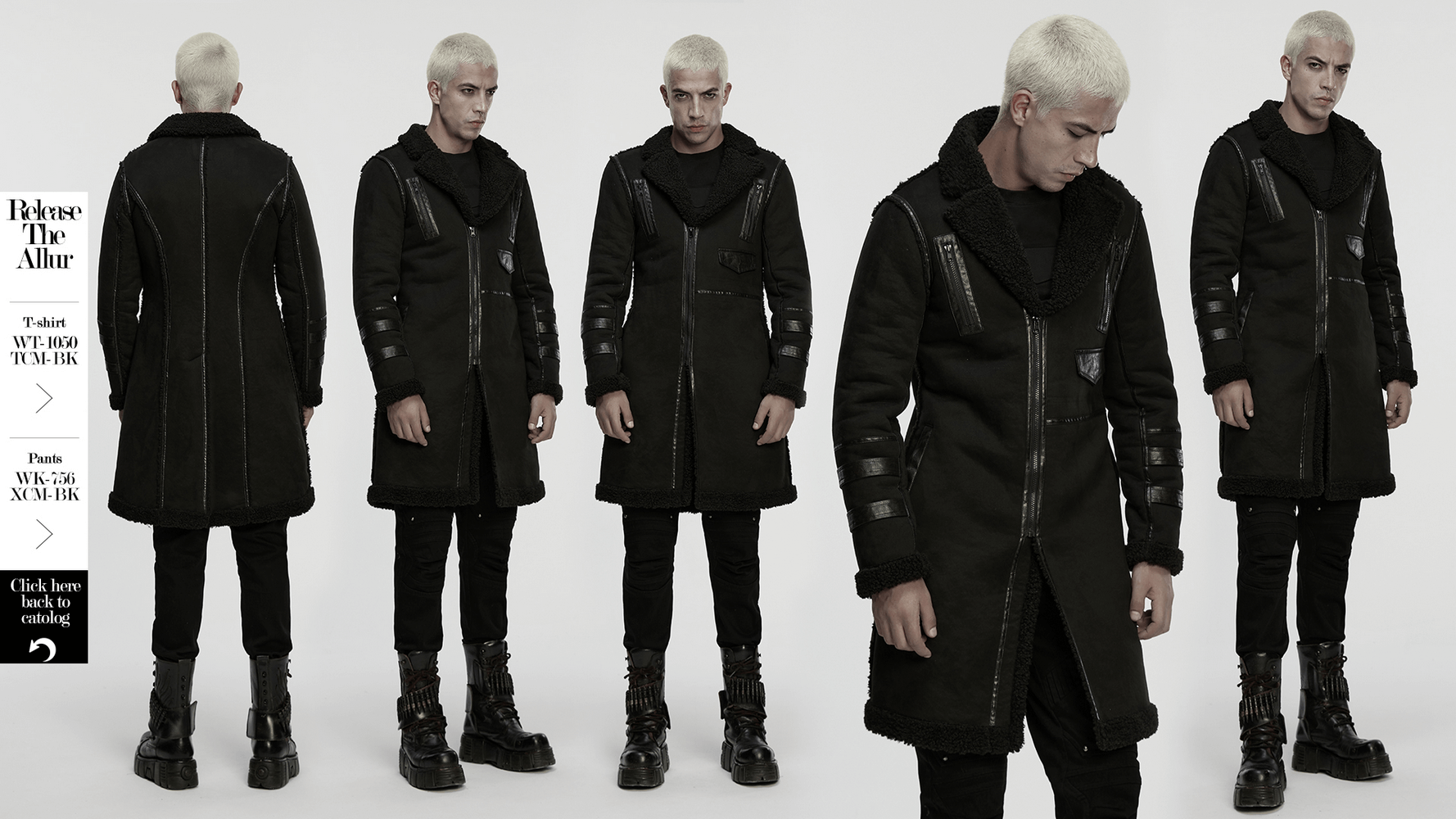 Men's Punk Plush Coat with Leather-Like Panels and Zippers showcased from multiple angles on a model.