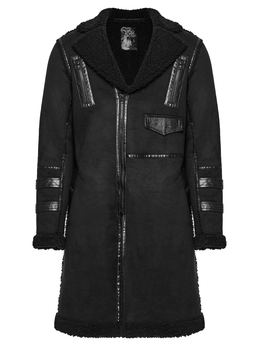 Men's Punk Plush Coat with Leather-Like Panels and Zippers, stylish and warm outerwear for bold fashion choices.