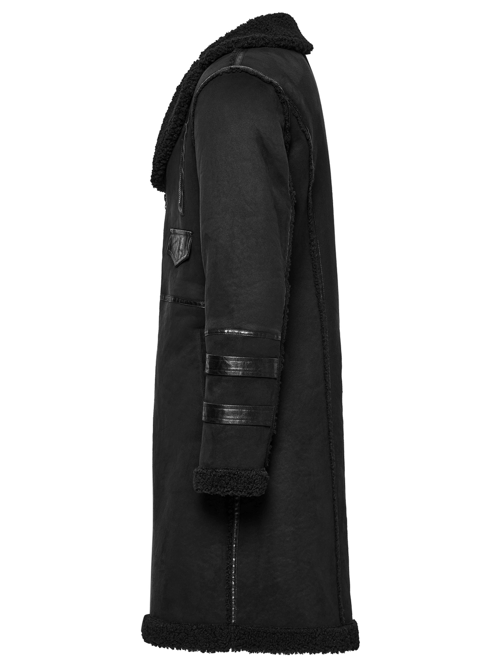 Men's Punk Plush Coat with Leather-Like Panels and Zippers displayed from the side, showcasing stylish zippers and plush material.