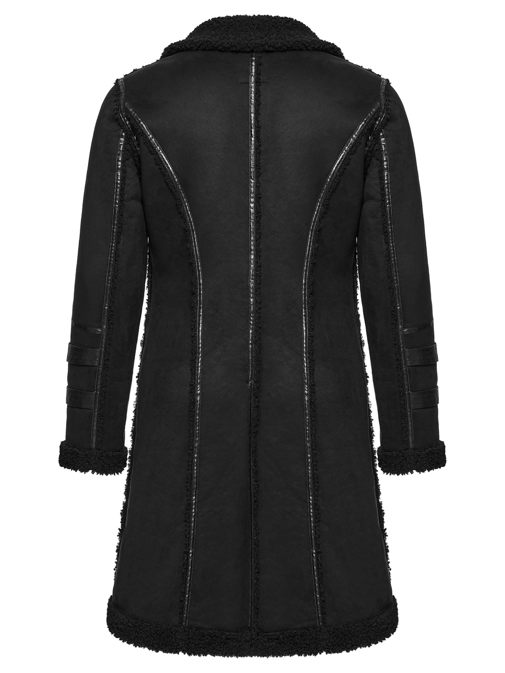 Men's Punk Plush Coat with Leather-Like Panels and Zippers back view showcasing stylish design and zippers.