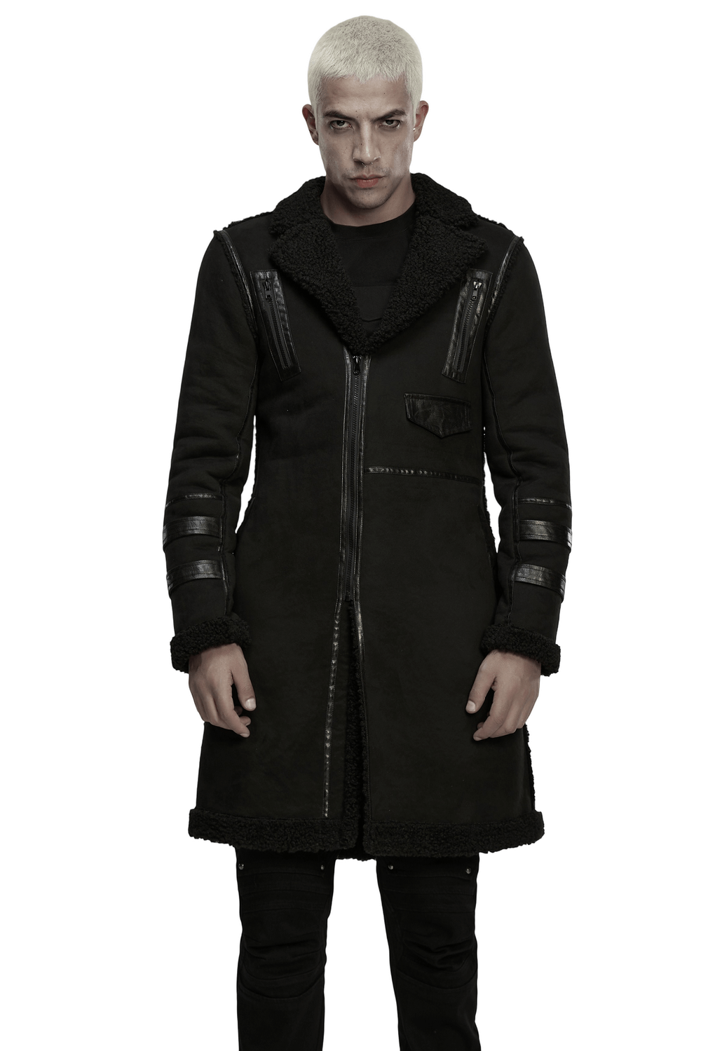 Men's Punk Plush Coat with Leather-Like Panels and Zippers worn by a model standing confidently.