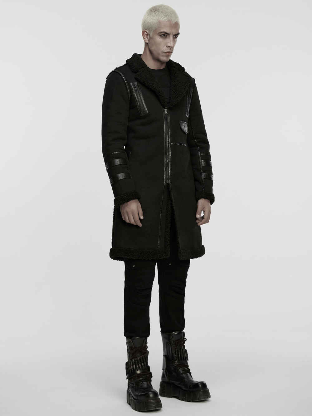 Men's Punk Plush Coat with Leather-Like Panels and Zippers worn by a model, showcasing its edgy design.
