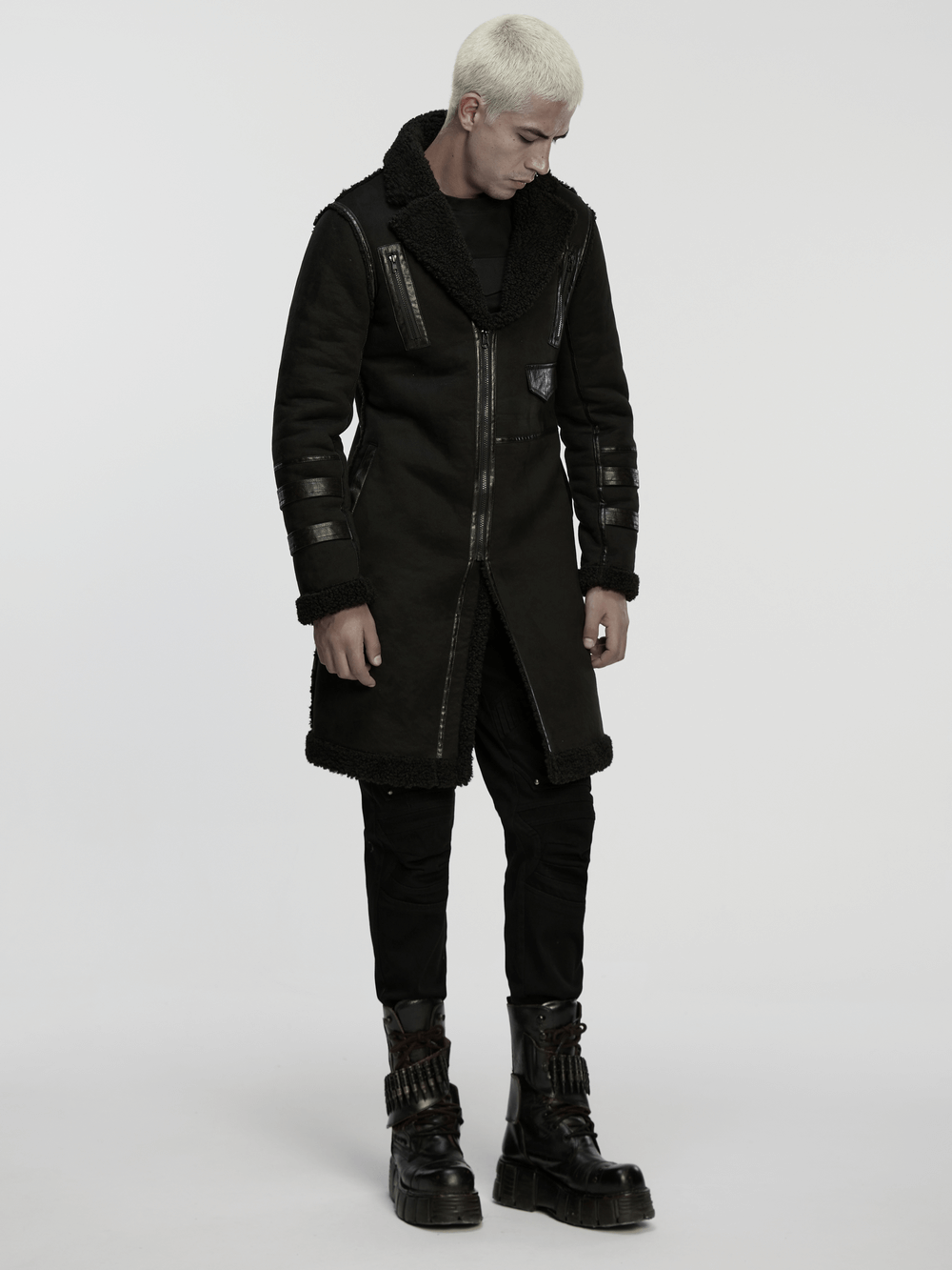 Men's Punk Plush Coat with Leather-Like Panels and Zippers, stylishly worn by a model showcasing its edgy design.