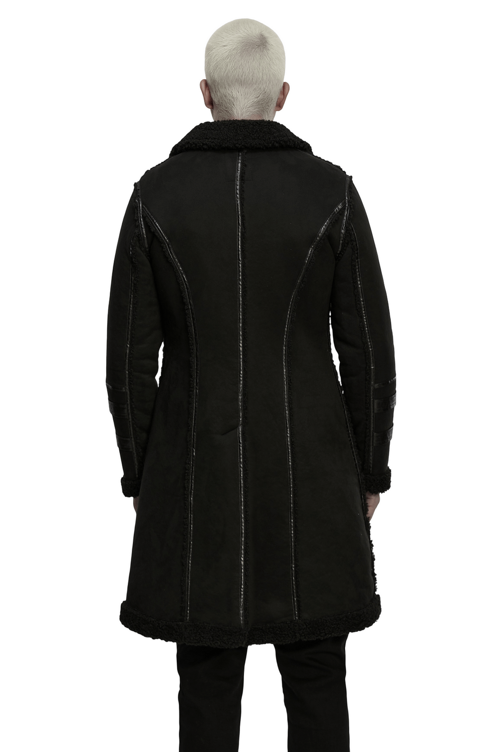 Men's Punk Plush Coat with Leather-Like Panels and Zippers showcased from the back, featuring stylish zippers and plush texture.
