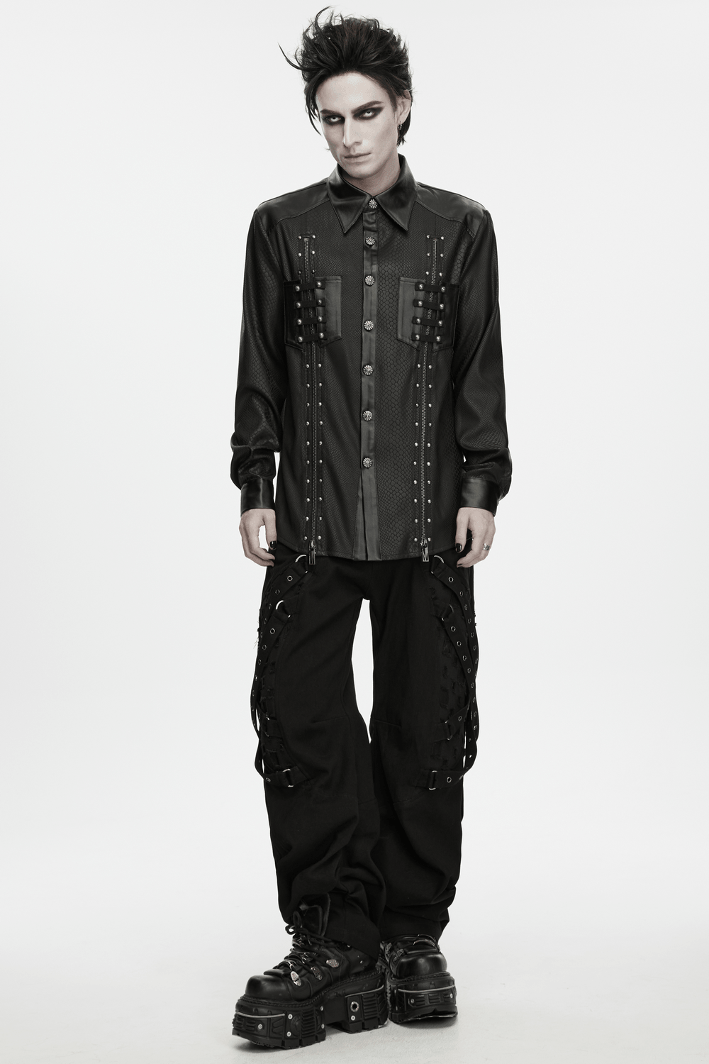 Men's Punk Snake Pattern Shirt with Studded Details worn by a model in a stylish pose.