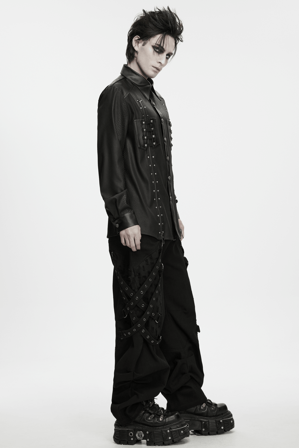 Men's Punk Snake Pattern Shirt with Studded Details showcased on a model in edgy attire with faux leather and metal accents.
