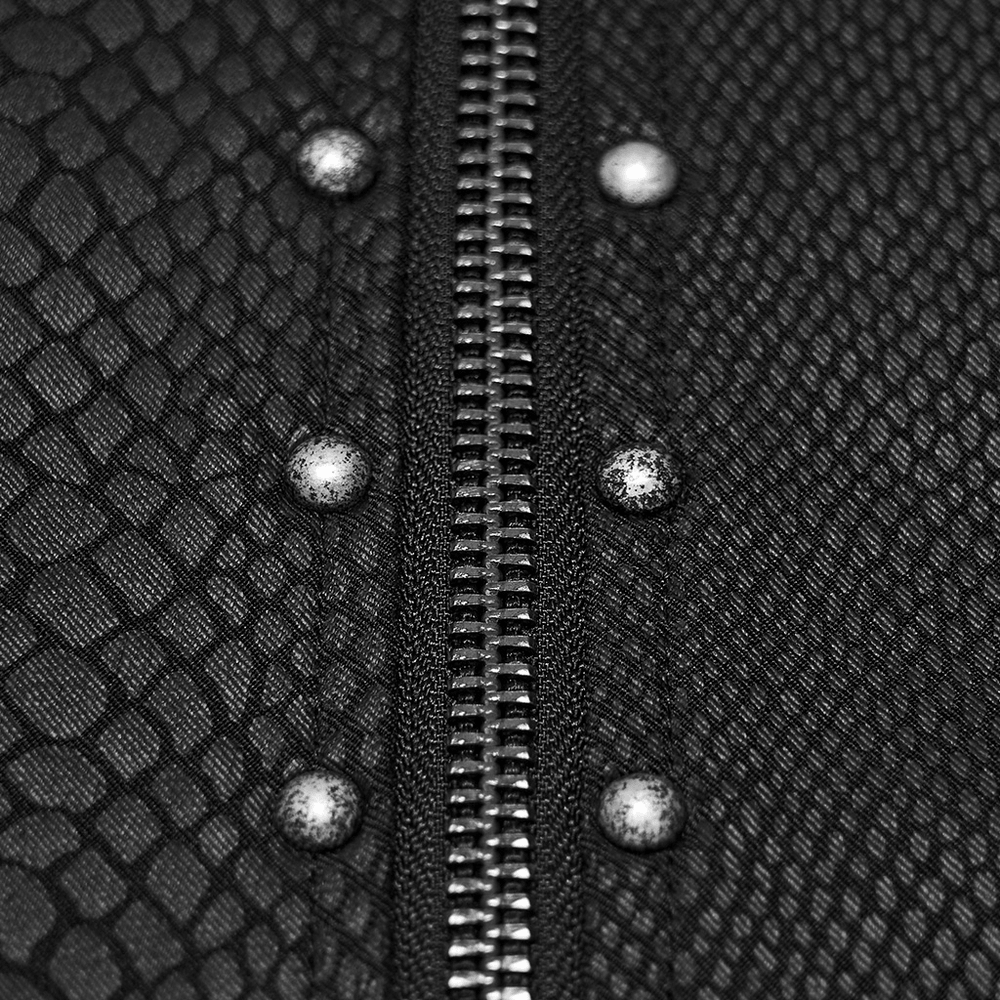 Close-up of Men's Punk Snake Pattern Shirt with Studded Details, showcasing snake pattern fabric and zipper accents.