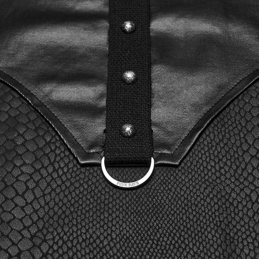 Close-up of Men's Punk Snake Pattern Shirt with Studded Details showcasing faux leather and snake pattern textures.