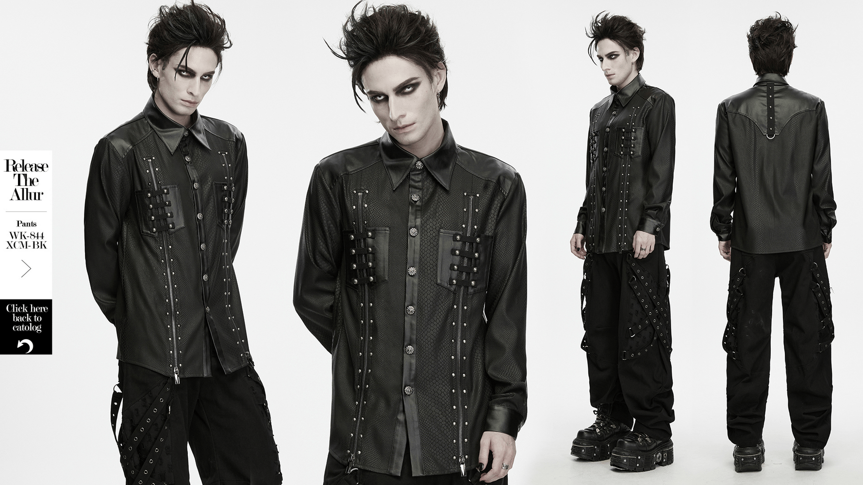 Men's Punk Snake Pattern Shirt with Studded Details featuring faux leather and metal rivets for a rebellious look.