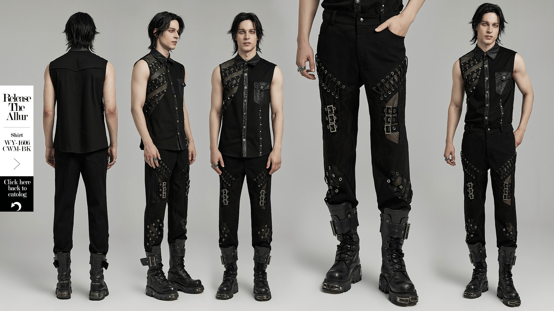 Men's punk style black pants with eyelets and buckles showcasing a trendy, edgy look for any fashion-forward wardrobe.