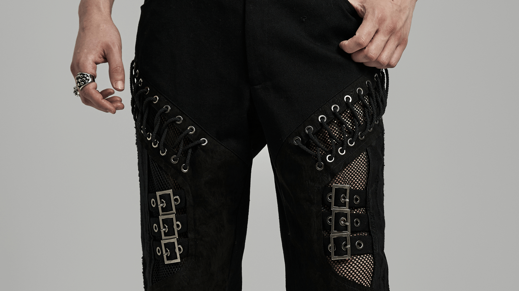 Men's Punk Style Laced and Buckled Black Pants