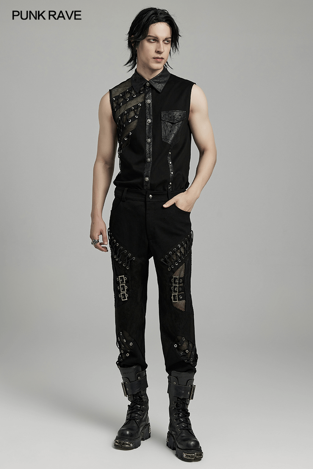 Men's Punk Style Laced and Buckled Black Pants
