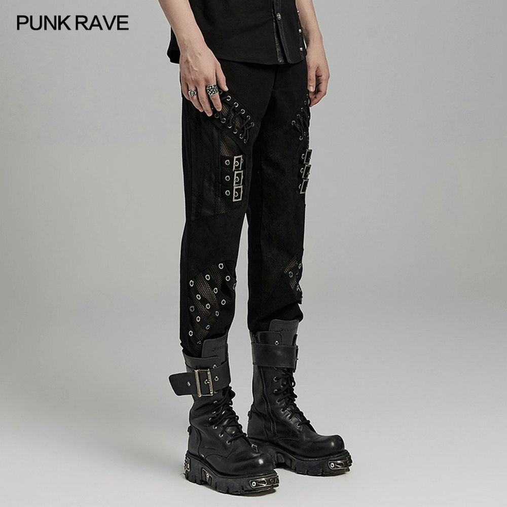 Pantalones negros con cordones y hebillas estilo punk para hombre