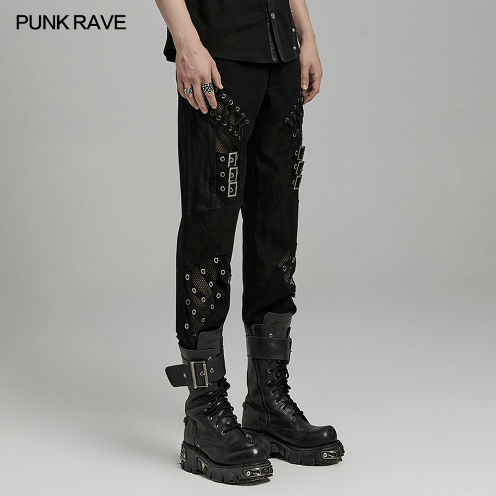 Men's punk style black pants with laces, buckles, and eyelet details, paired with stylish combat boots.