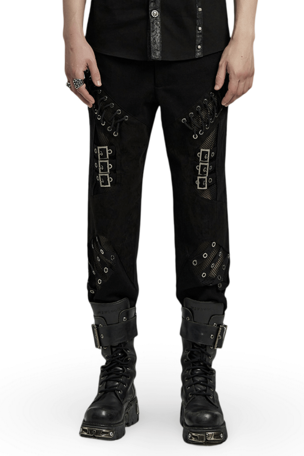 Men's punk style black pants with lace-up details, buckle loops, and mesh inlay for a bold, edgy look.