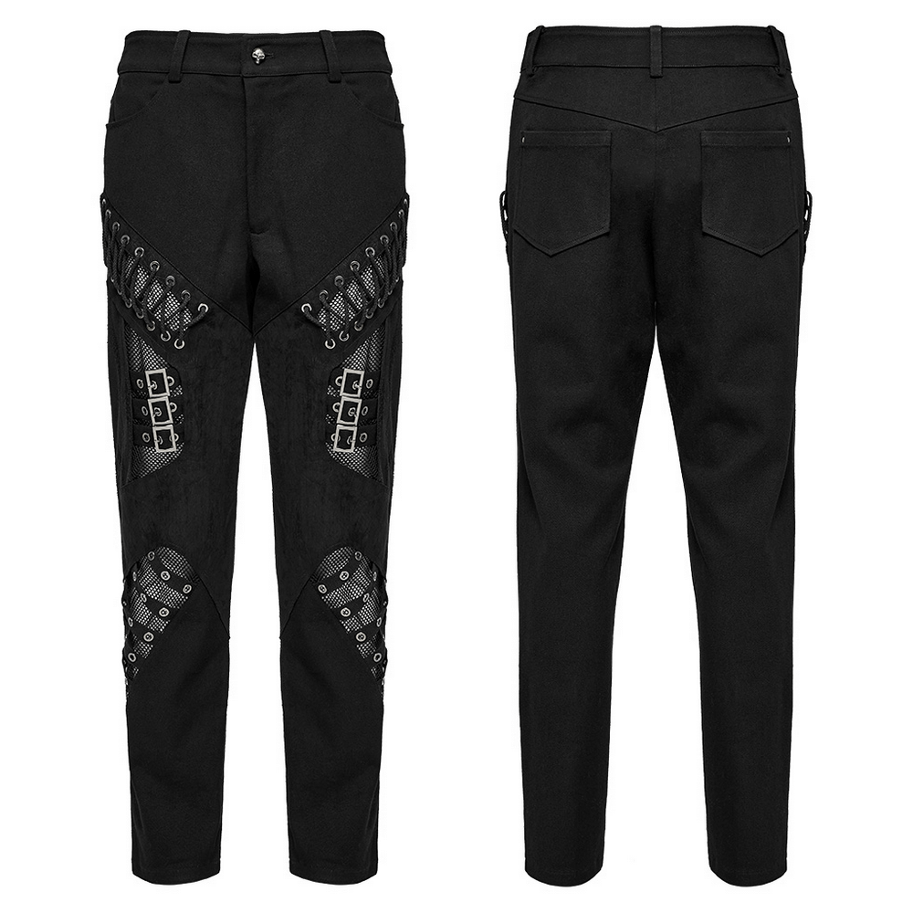 Men's punk style black pants with laced eyelets and buckle details, showcasing a unique irregular splicing design.