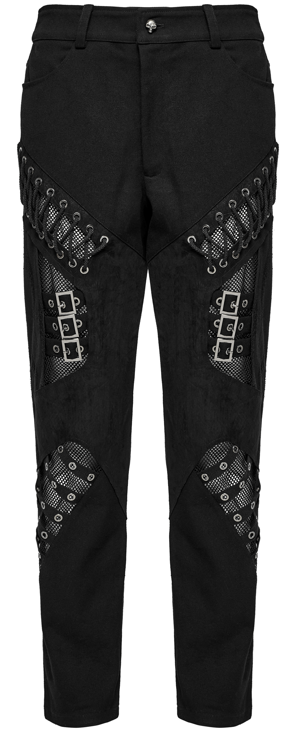 Men's black punk style laced pants with eyelets, buckle loops, and mesh inlays for a unique, edgy look.