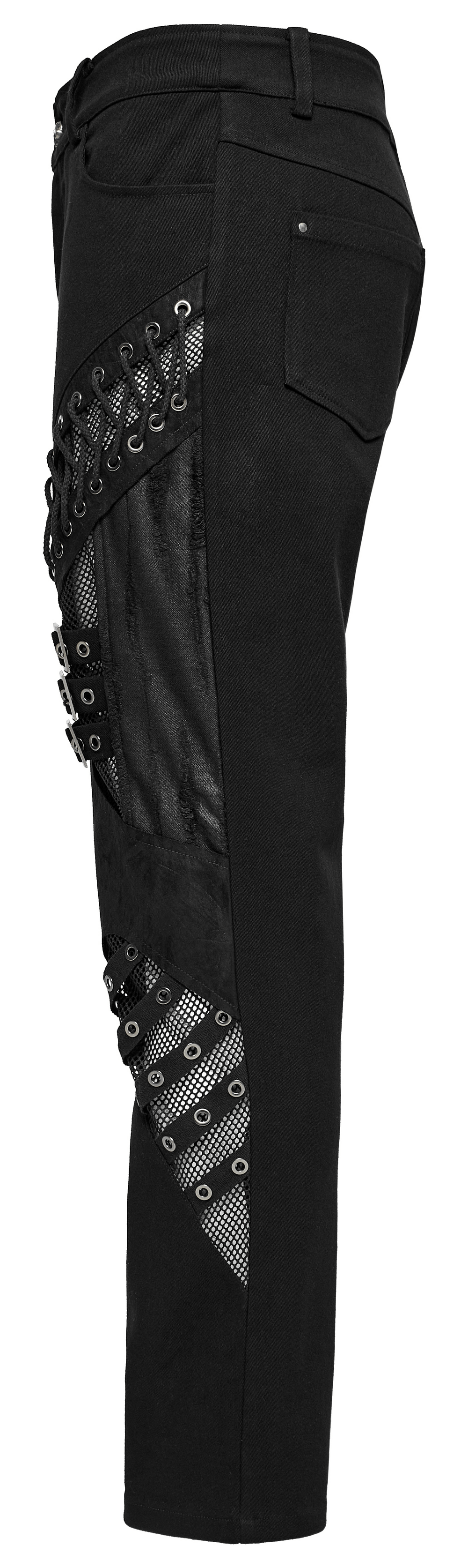 Men's punk style black pants with eyelets, mesh inlay, and buckle loops for a bold fashion statement.