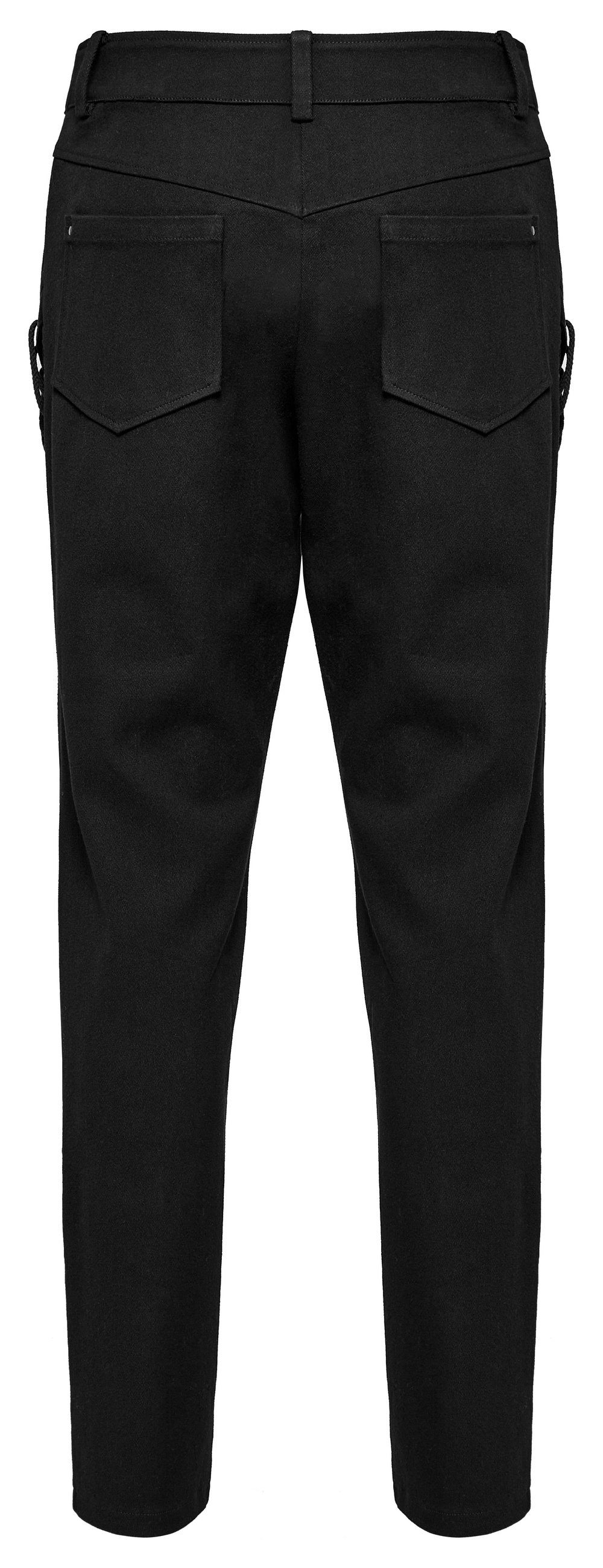 Men's punk style black pants with eyelet design and buckle loops, featuring a sleek, textured back view.