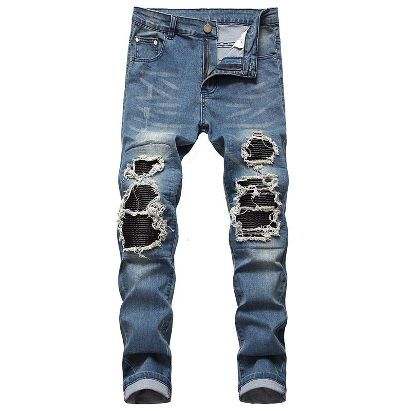 Men's Ripped Biker Jeans / Grunge Look Streetwear Pleated Stretch Denim Pencil Pants - HARD'N'HEAVY