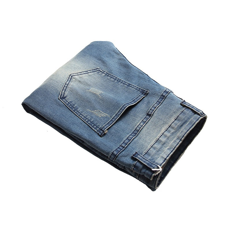 Men's Ripped Biker Jeans / Grunge Look Streetwear Pleated Stretch Denim Pencil Pants - HARD'N'HEAVY