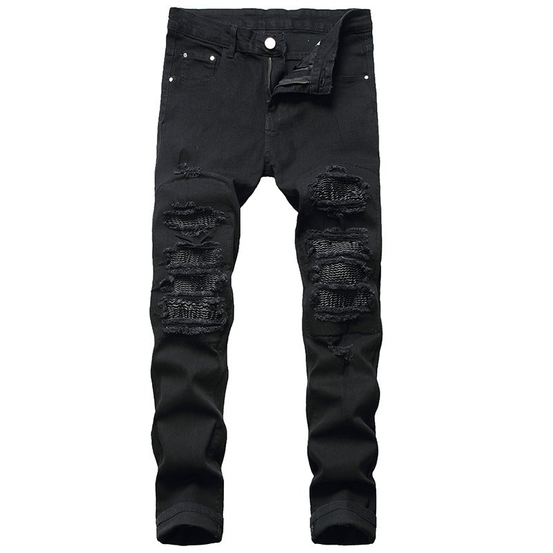 Men's Ripped Biker Jeans / Grunge Look Streetwear Pleated Stretch Denim Pencil Pants - HARD'N'HEAVY