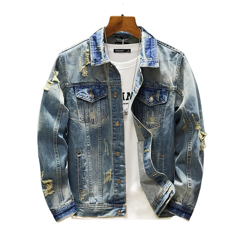 Men's Ripped Denim Jacket / Vintage Male Outerwear / Casual Motocycle Jackets with Pockets - HARD'N'HEAVY