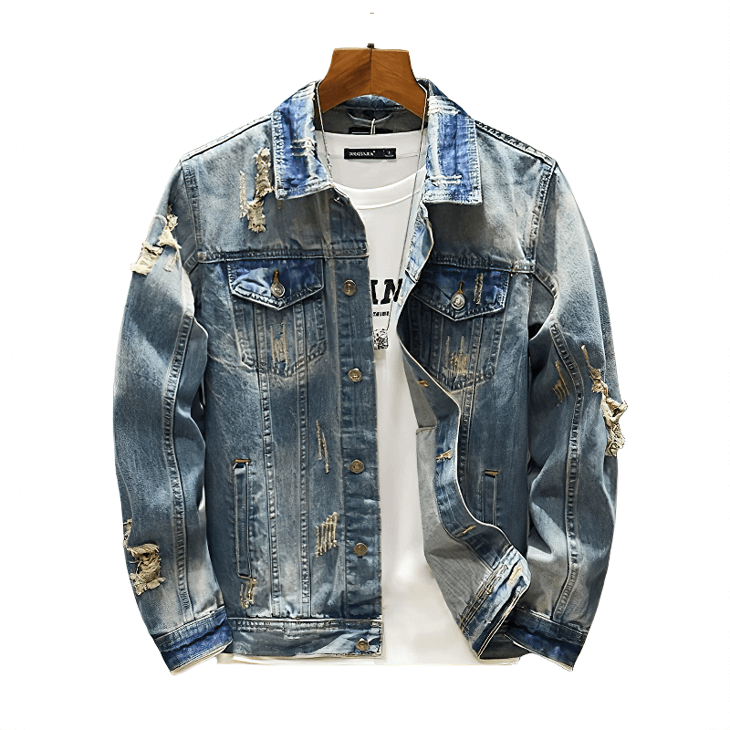 Men's ripped denim jacket in vintage style, featuring stylish abrasions and pockets for a trendy look.
