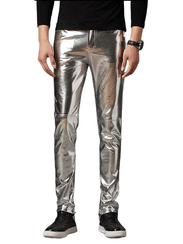 Men's rock style shine pants in silver with a skinny fit, perfect for a stylish, edgy look.