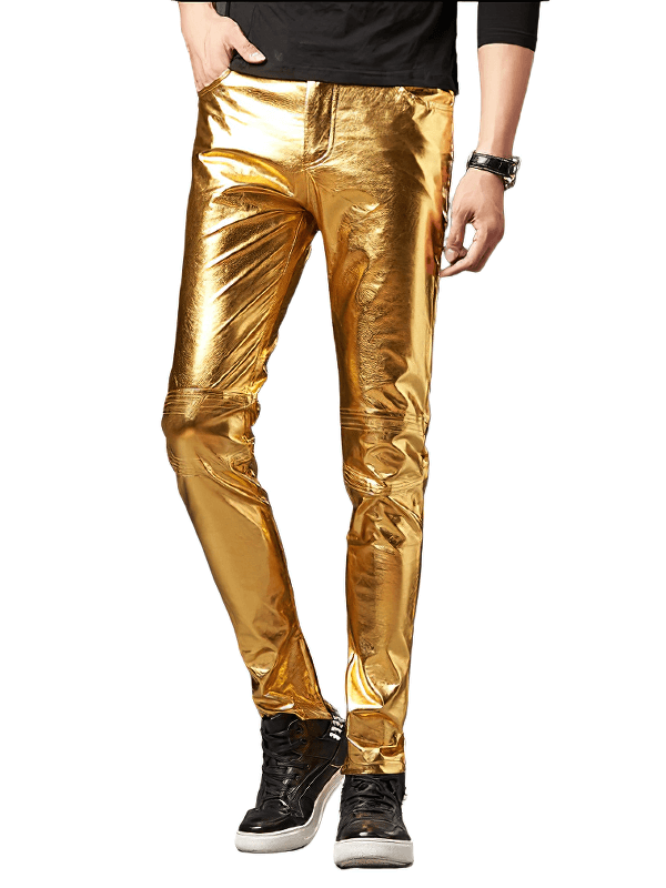 Men's gold shiny skinny pants for a rock-inspired style, perfect for making a bold fashion statement.