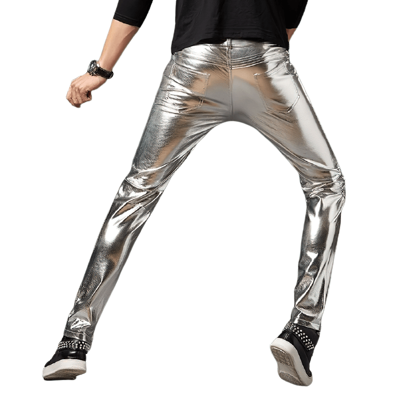 Metallic silver skinny pants for men, stylish rock style fit highlighting body shape.