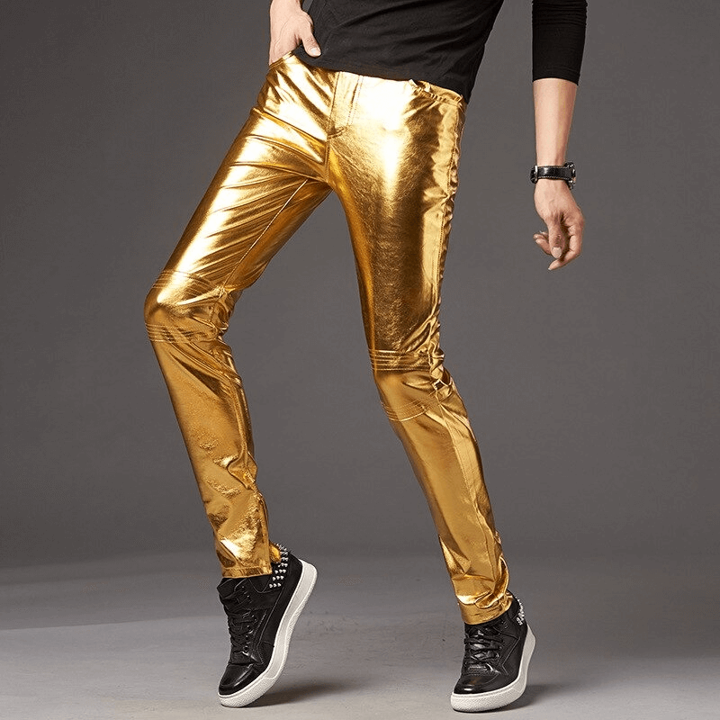 Men's gold shiny skinny pants showcasing rock style with a modern fit, perfect for a fashionable look.