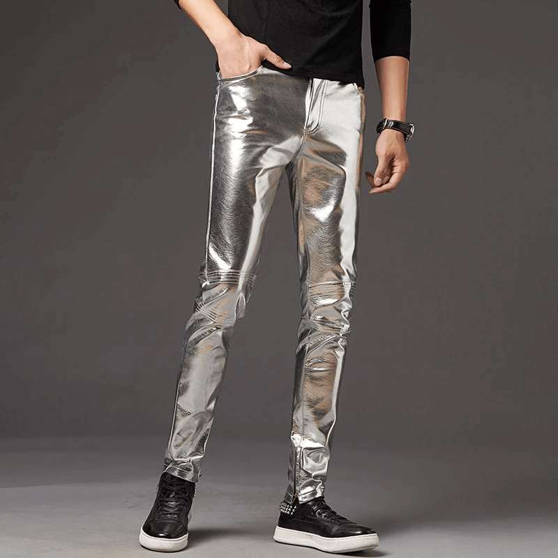 Men's stylish rock style shine skinny pants in silver, perfect for a trendy and bold look.