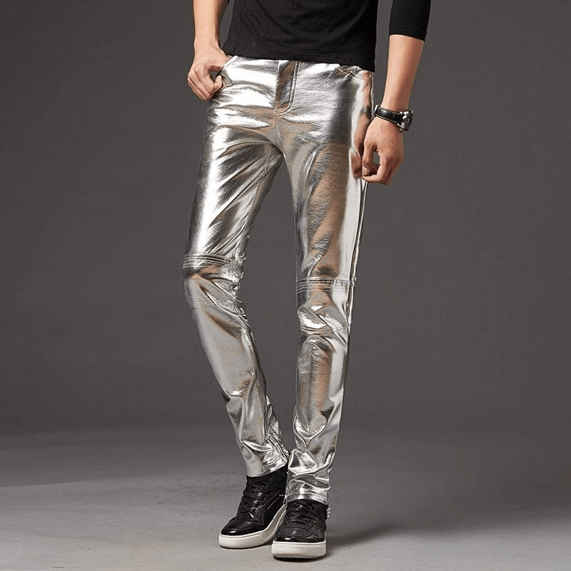 Men's skinny shiny silver rock style pants, perfect for a stylish, edgy outfit.