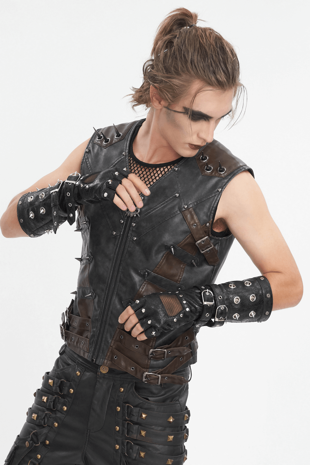 Men's rock style studded leather gloves with mesh, showcasing a daring fashion look with unique design elements.