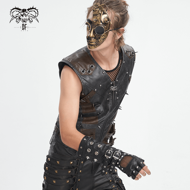Men's Rock Style Studded Leather Gloves with Mesh