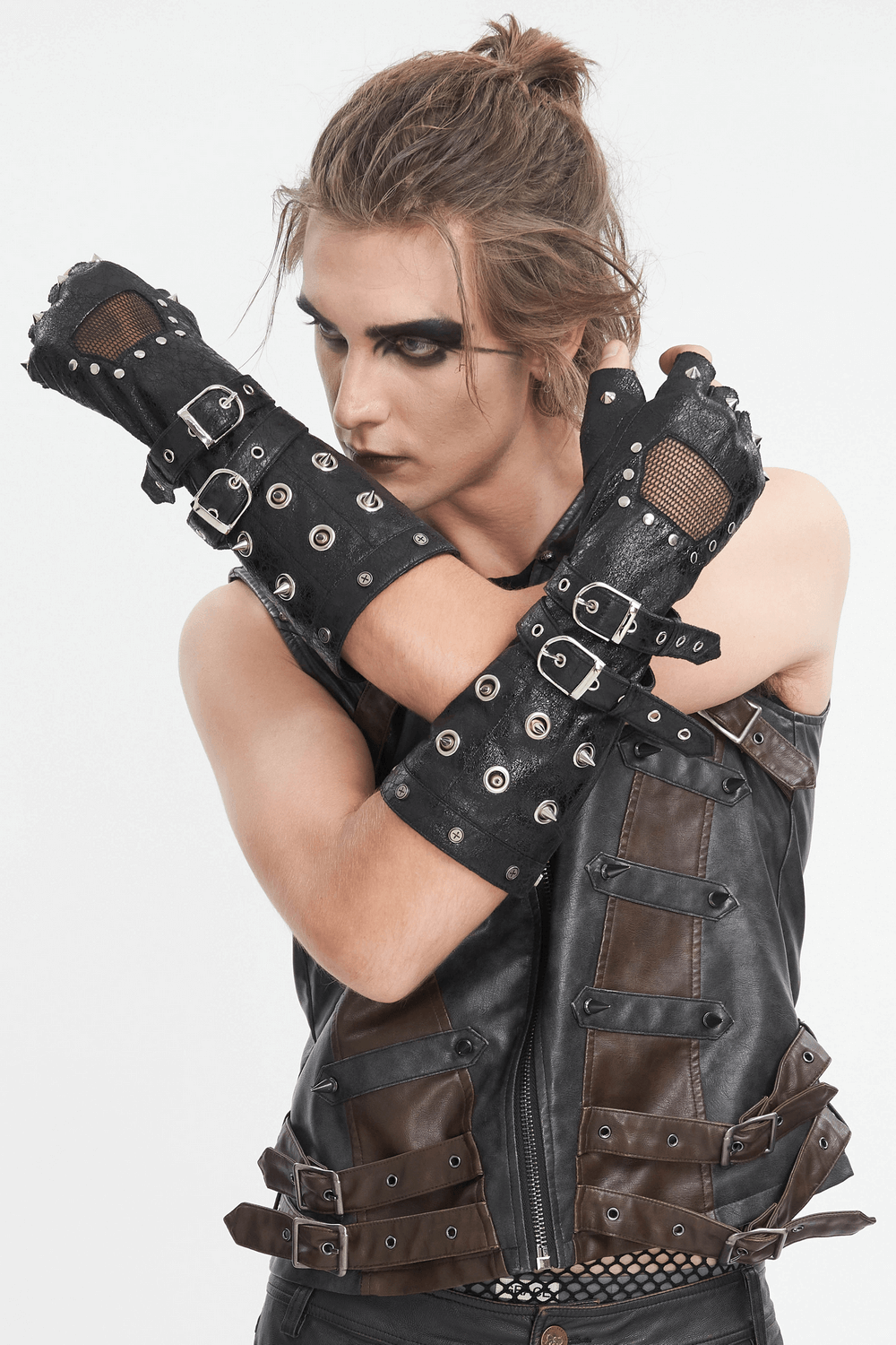 Men's studded leather gloves with mesh, showcasing a bold rock-inspired style and edgy design features.