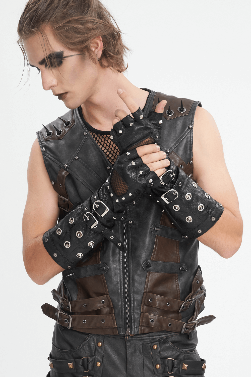 Rock style studded leather gloves with mesh, perfect for alternative fashion enthusiasts.