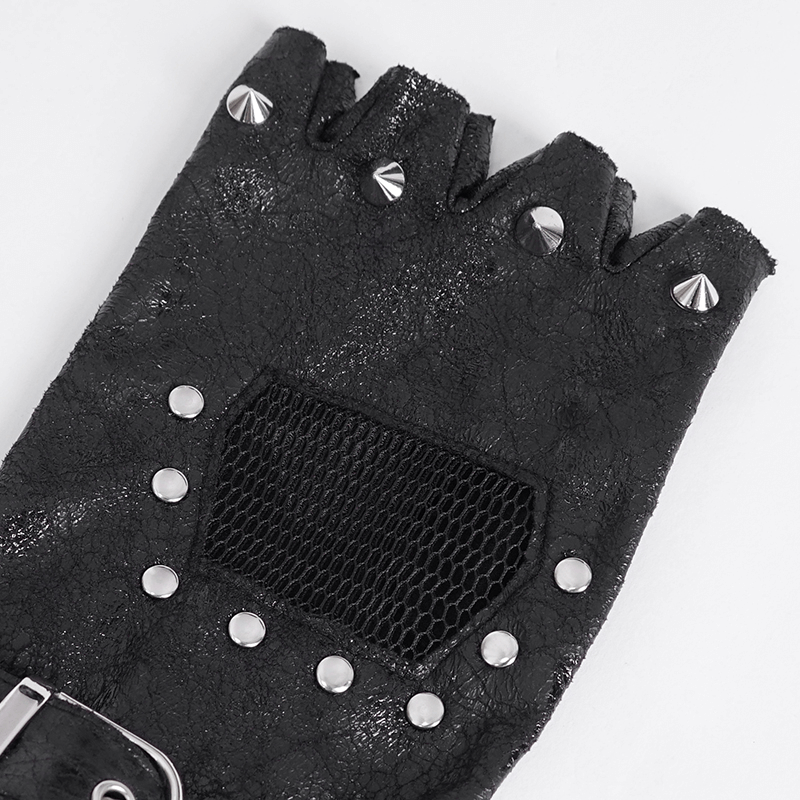 Men's Rock Style Studded Leather Gloves with Mesh