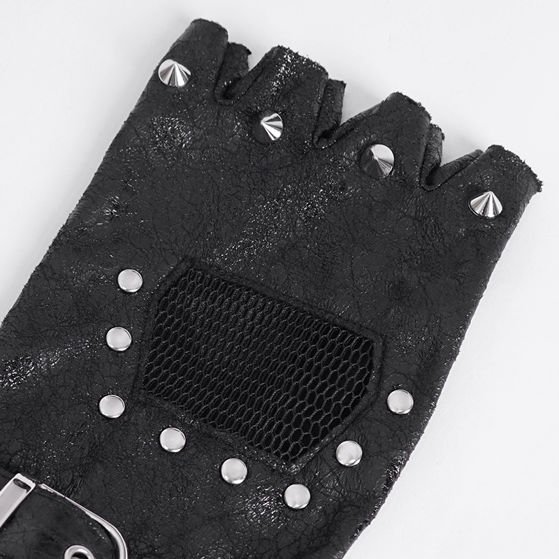 Men's rock style studded leather gloves with mesh panels and metal accents for a bold, edgy look.