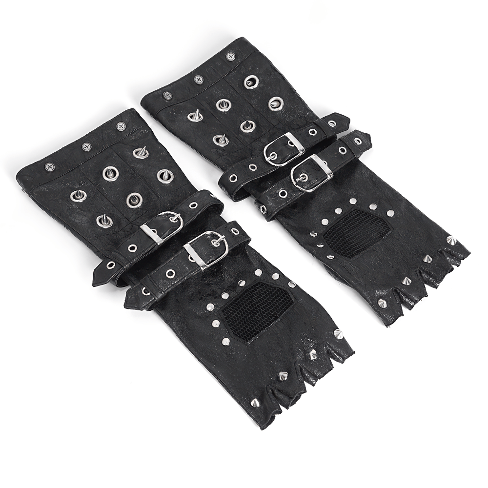 Men's rock-style studded leather gloves with mesh panels and buckles for edgy fashion.