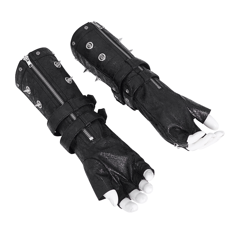 Men's studded leather gloves with mesh panels and zippers for a bold rock style look.