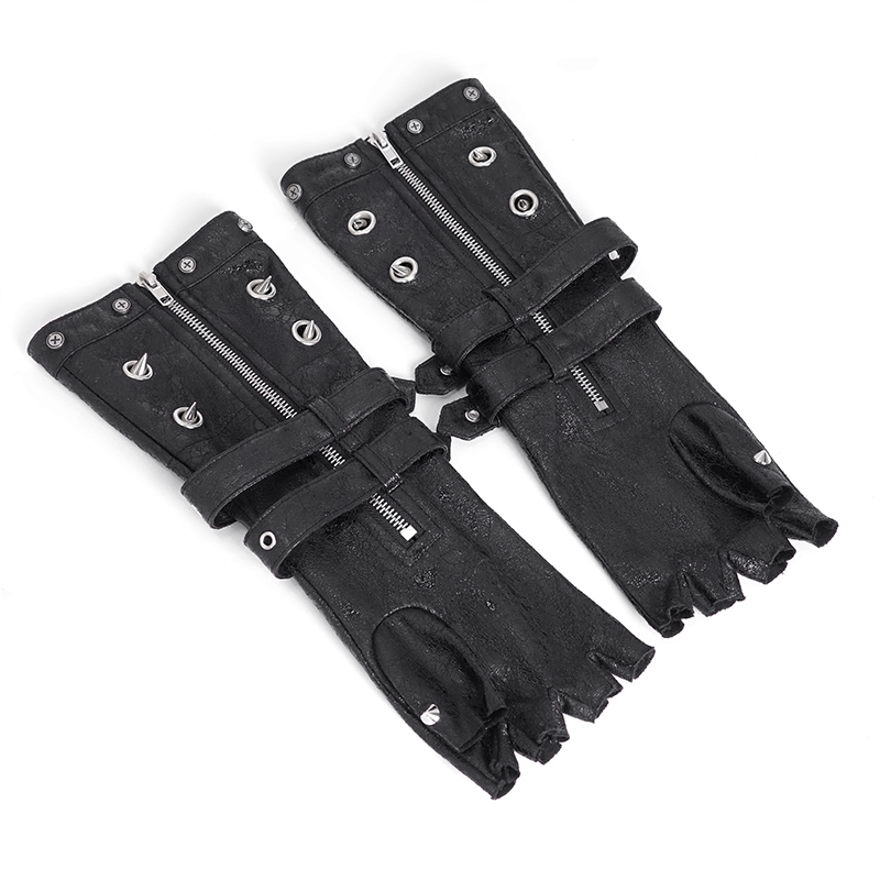 Men's studded leather gloves with mesh panels and zippers, perfect for rock-inspired fashion lovers.