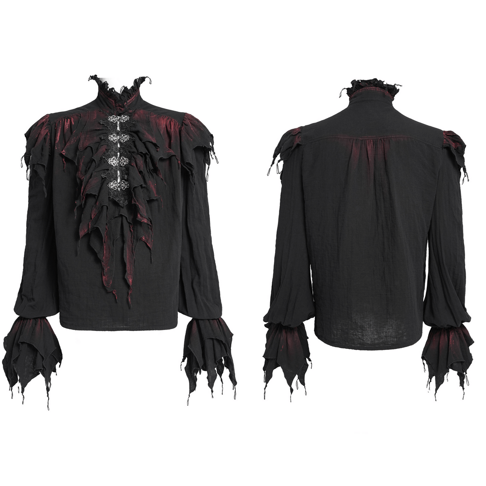 Men's Ruffled Shirt with Silver Clasps and Tattered Sleeves featuring flared tattered sleeves and cascading ruffles.