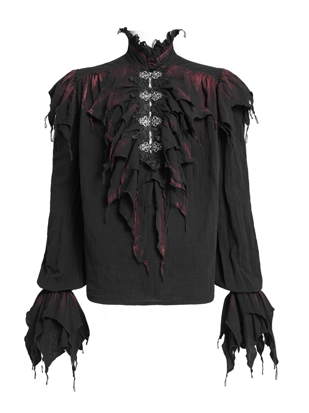 Men's Ruffled Shirt with Silver Clasps and Tattered Sleeves featuring cascading ruffles and deep black fabric with wine red accents.